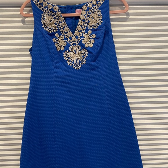 Lilly Pulitzer Colbalt Blue Dress Gold Embroidery - Picture 3 of 5